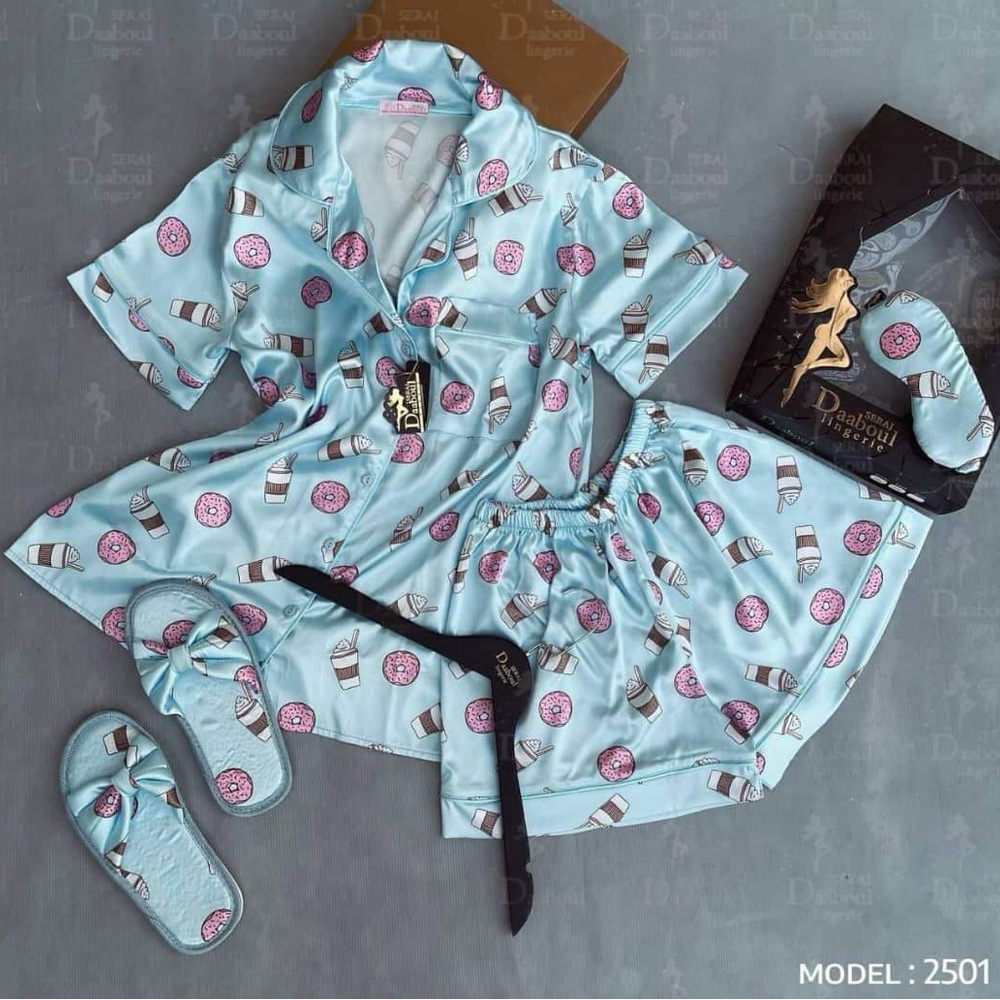 Pajama 4 piece set blouse shorts slippers graphic womens pajama for girls
